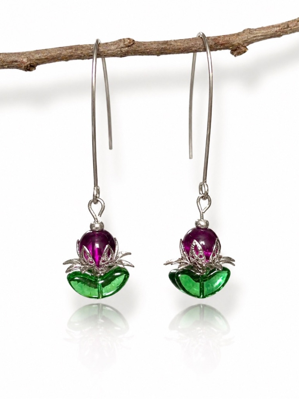 Whimsical Flower Drop Earrings Purple Green Silver Dangle